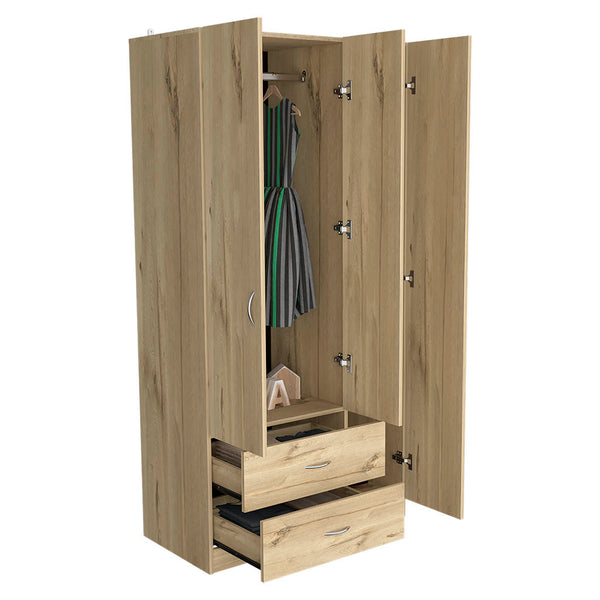 English Elm Austral 3-Door Armoire Wardrobe with Shelves, Hanging Rod & 2 Drawers — Space-Saving Light Oak B200S00023