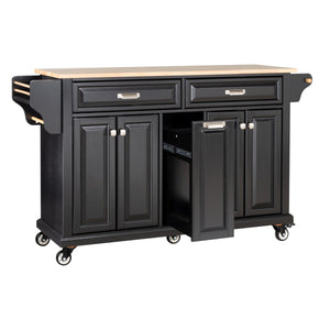 English Elm Kitchen Island Rubber Wood Countertop Mobile Cart with Towel & Spice Racks, Drawers, Storage Wheels Black W914P147991