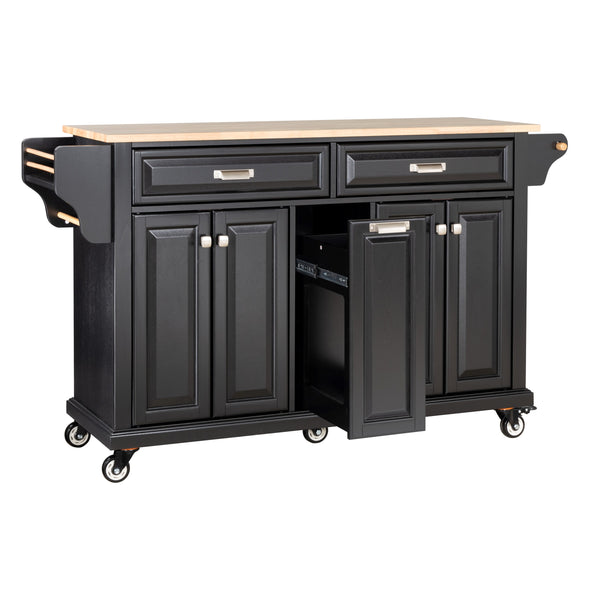 English Elm Kitchen Island Rubber Wood Countertop Mobile Cart with Towel & Spice Racks, Drawers, Storage Wheels Black W914P147991
