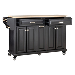English Elm Kitchen Island Rubber Wood Countertop Mobile Cart with Towel & Spice Racks, Drawers, Storage Wheels Black W914P147991