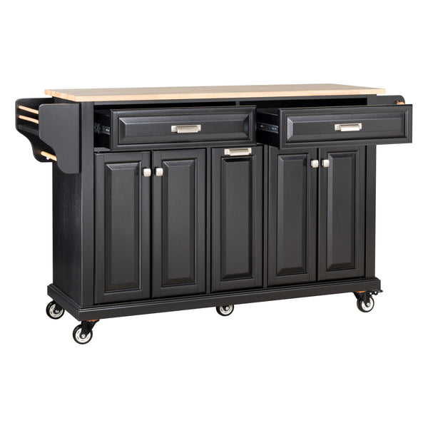 English Elm Kitchen Island Rubber Wood Countertop Mobile Cart with Towel & Spice Racks, Drawers, Storage Wheels Black W914P147991