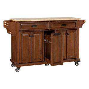 English Elm Kitchen Island Rubber Wood Countertop Mobile Cart with Towel & Spice Racks, Drawers, Storage Wheels Mahogany W914P147992