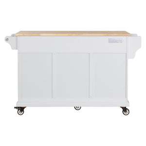 English Elm Kitchen Island Rubber Wood Countertop Mobile Cart with Towel & Spice Racks, Drawers, Storage Wheels White W914P147990
