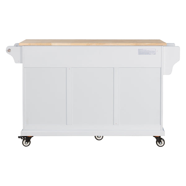 English Elm Kitchen Island Rubber Wood Countertop Mobile Cart with Towel & Spice Racks, Drawers, Storage Wheels White W914P147990
