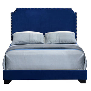 English Elm Blue Velvet Panel Bed with Scooped Headboard, Nailhead Trim, Wood Legs, Luxury Upholstered Queen Bed B062P181282