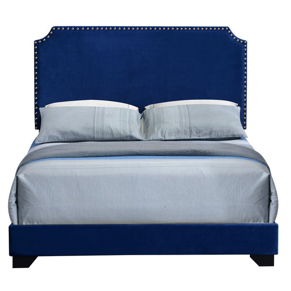 English Elm Blue Velvet Panel Bed with Scooped Headboard, Nailhead Trim, Wood Legs, Luxury Upholstered Queen Bed B062P181282