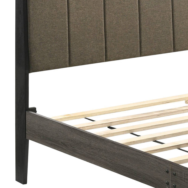English Elm Brown Upholstered Queen Bed with Weathered Grey Frame, Rustic Platform Design, 12-Slat Support for Cooler Sleep B062P181288