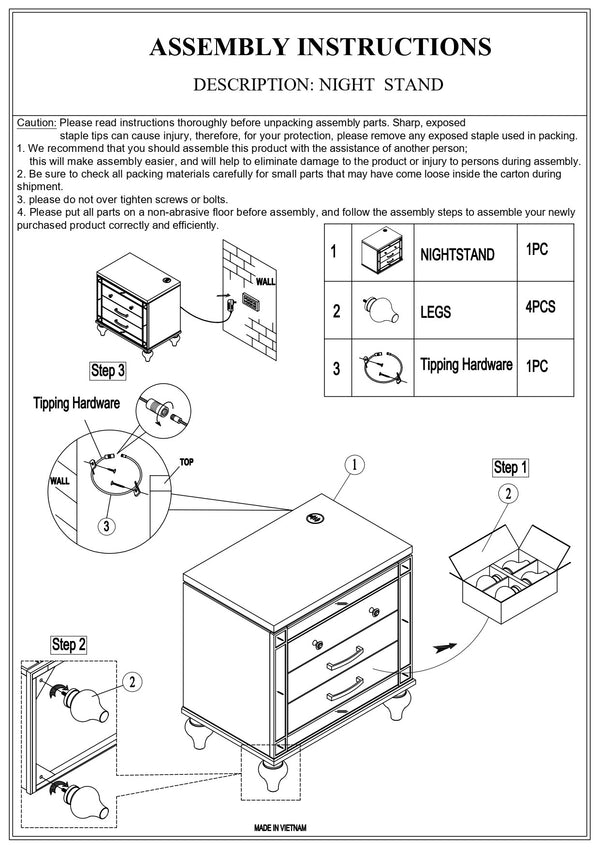 English Elm Classic Luxury Look Nightstand with Wireless Charging, Mirrored Frame, Diamond Drawer Design, Spacious Storage Cream 21 L x 25 W x 30 H B011P182674