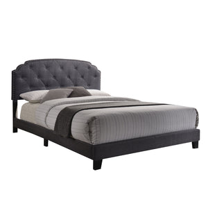 English Elm Grey Upholstered Queen Bed with Arched Headboard, Nailhead Trim, Soft Grey Fabric for Elegant Bedrooms B062P181281