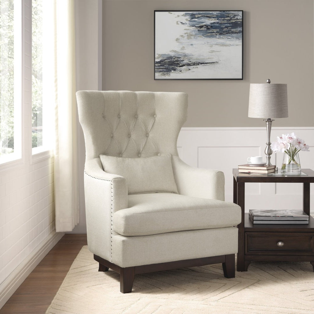 English Elm Button Tufted Wingback Accent Chair Nailhead Trim Woven Fabric Traditional Living Room B011P182649