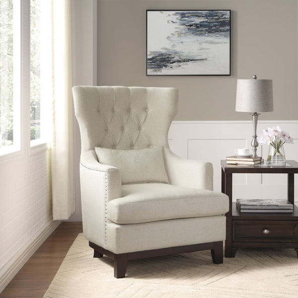 English Elm Button Tufted Wingback Accent Chair Nailhead Trim Woven Fabric Traditional Living Room B011P182649