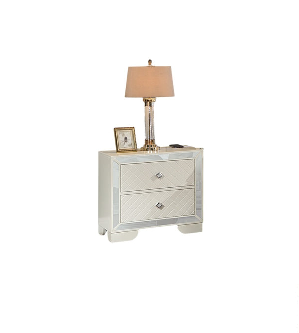 English Elm Classic Luxury Look Nightstand with Wireless Charging, Mirrored Frame, Diamond Drawer Design, Spacious Storage Cream 21 L x 31 W x 32 H B011P182673