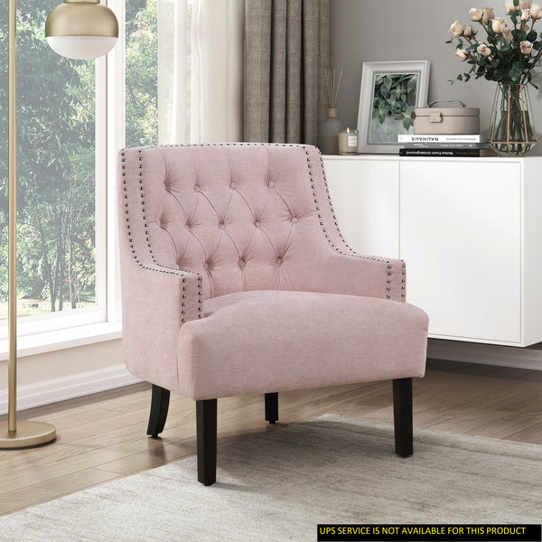 English Elm Modern Tufted Back Accent Chair with Antique Walnut Solid Wood Frame and Padded Contoured Seat Pink 29.75 L x 30.25 W x 27 H B011P182661