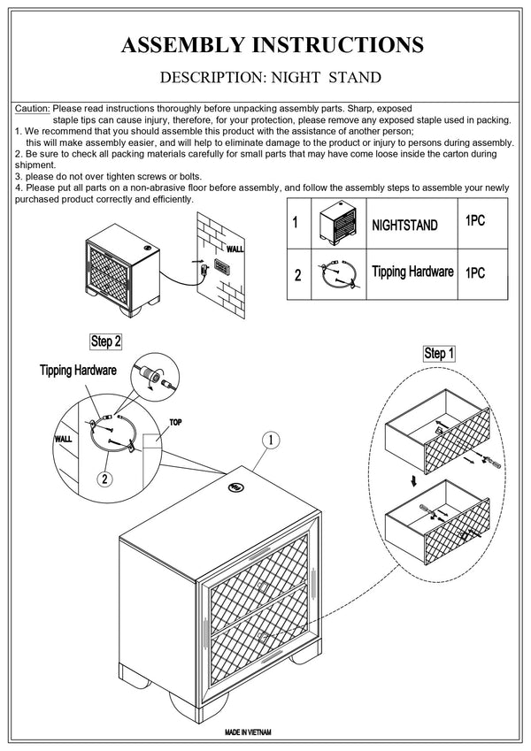 English Elm Classic Luxury Look Nightstand with Wireless Charging, Mirrored Frame, Diamond Drawer Design, Spacious Storage Cream 21 L x 31 W x 32 H B011P182673