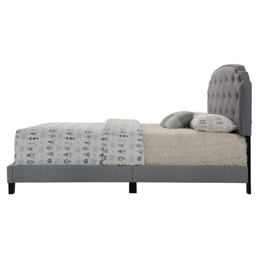 English Elm Grey Upholstered Queen Bed with Arched Headboard, Nailhead Trim, Soft Grey Fabric for Elegant Bedrooms B062P181281