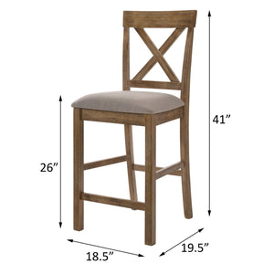 English Elm Tan Linen Counter Height Stool Set with Cross Back and Weathered Oak Legs—Durable Elegant Seating for Kitchens Beige+Brown B062P181292