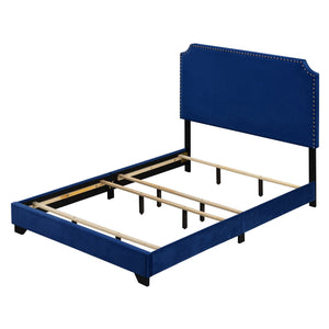 English Elm Blue Velvet Panel Bed with Scooped Headboard, Nailhead Trim, Wood Legs, Luxury Upholstered Queen Bed B062P181282