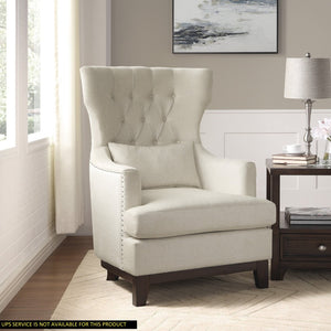 English Elm Button Tufted Wingback Accent Chair Nailhead Trim Woven Fabric Traditional Living Room B011P182649