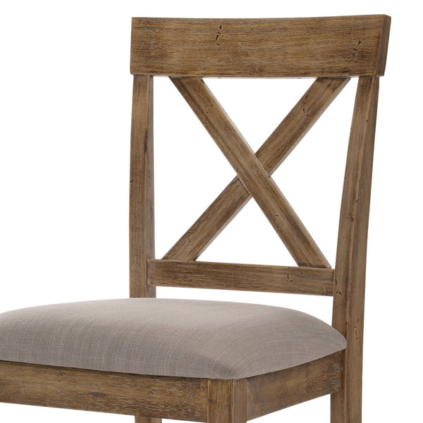 English Elm Tan Linen Counter Height Stool Set with Cross Back and Weathered Oak Legs—Durable Elegant Seating for Kitchens Beige+Brown B062P181292