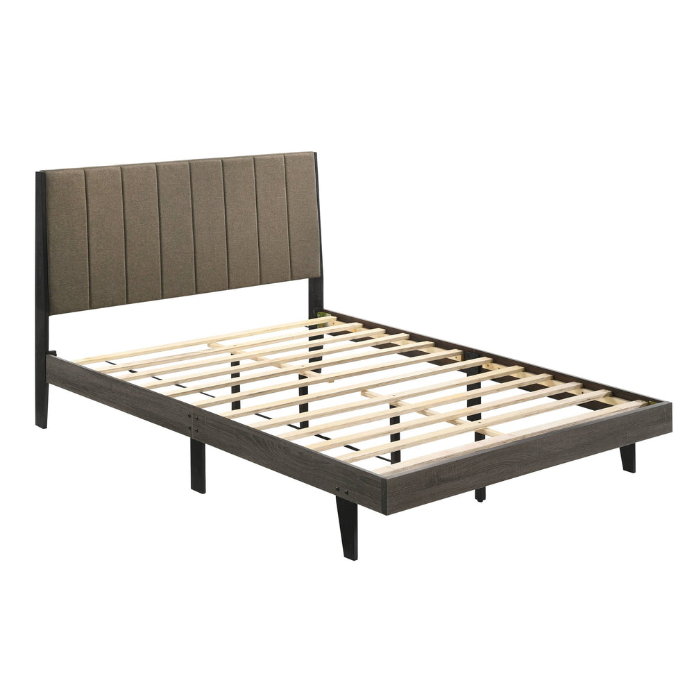 English Elm Brown Upholstered Queen Bed with Weathered Grey Frame, Rustic Platform Design, 12-Slat Support for Cooler Sleep B062P181288