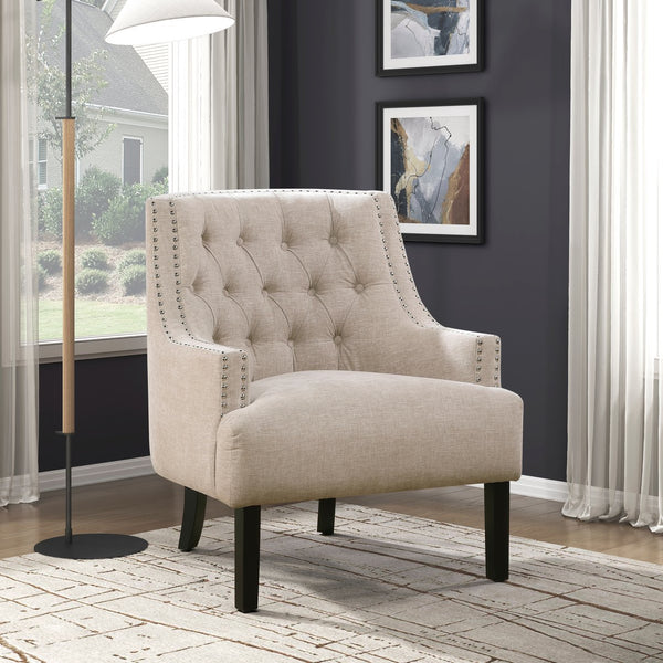 English Elm Modern Tufted Back Accent Chair with Antique Walnut Solid Wood Frame and Padded Contoured Seat Beige Multi 29.75 L x 30.25 W x 27 H B011P182659