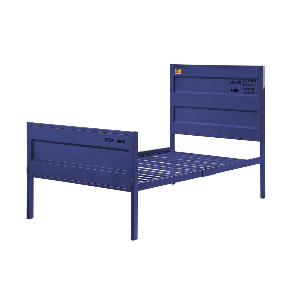 English Elm Blue Metal Platform Bed with Cargo Container Style Headboard, 21-Slat Support, Modern Low-Profile Design B062P181287