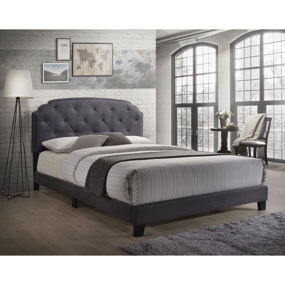 English Elm Grey Upholstered Queen Bed with Arched Headboard, Nailhead Trim, Soft Grey Fabric for Elegant Bedrooms B062P181281