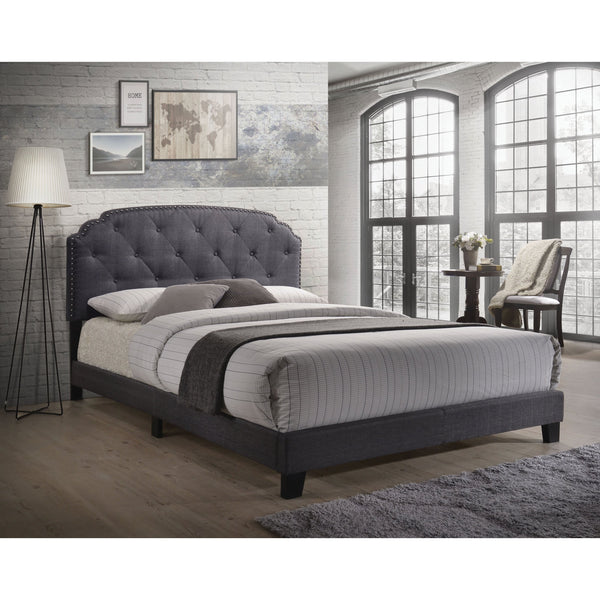 English Elm Grey Upholstered Queen Bed with Arched Headboard, Nailhead Trim, Soft Grey Fabric for Elegant Bedrooms B062P181281