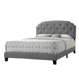English Elm Grey Upholstered Queen Bed with Arched Headboard, Nailhead Trim, Soft Grey Fabric for Elegant Bedrooms B062P181281
