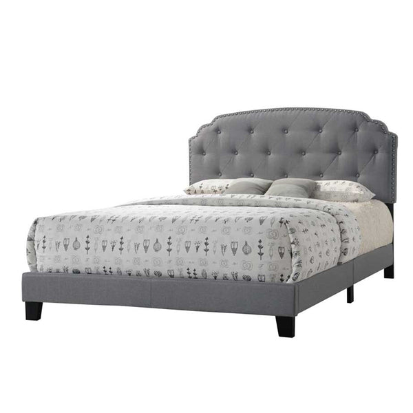 English Elm Grey Upholstered Queen Bed with Arched Headboard, Nailhead Trim, Soft Grey Fabric for Elegant Bedrooms B062P181281