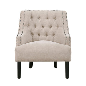 English Elm Modern Tufted Back Accent Chair with Antique Walnut Solid Wood Frame and Padded Contoured Seat Beige Multi 29.75 L x 30.25 W x 27 H B011P182659