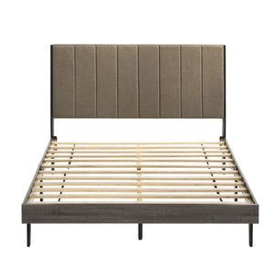 English Elm Brown Upholstered Queen Bed with Weathered Grey Frame, Rustic Platform Design, 12-Slat Support for Cooler Sleep B062P181288