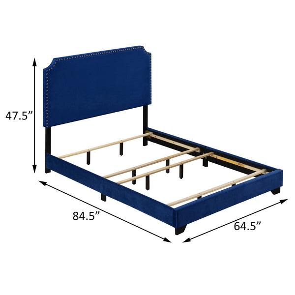 English Elm Blue Velvet Panel Bed with Scooped Headboard, Nailhead Trim, Wood Legs, Luxury Upholstered Queen Bed B062P181282