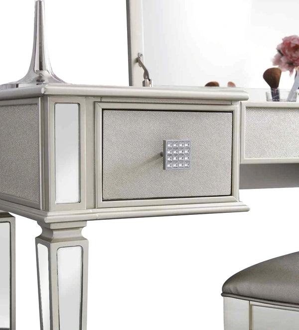 English Elm Mirrored Vanity Desk with Drawers, Silver Flip-Up Makeup Table Set with Stool, Crystal Knobs, Storage W2170140324