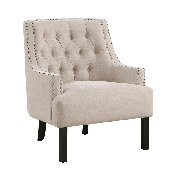 English Elm Modern Tufted Back Accent Chair with Antique Walnut Solid Wood Frame and Padded Contoured Seat Beige Multi 29.75 L x 30.25 W x 27 H B011P182659