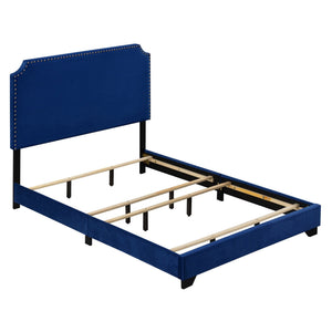 English Elm Blue Velvet Panel Bed with Scooped Headboard, Nailhead Trim, Wood Legs, Luxury Upholstered Queen Bed B062P181282