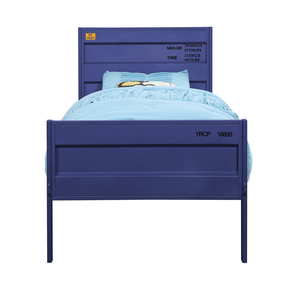 English Elm Blue Metal Platform Bed with Cargo Container Style Headboard, 21-Slat Support, Modern Low-Profile Design B062P181287