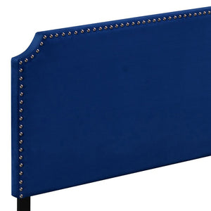 English Elm Blue Velvet Panel Bed with Scooped Headboard, Nailhead Trim, Wood Legs, Luxury Upholstered Queen Bed B062P181282