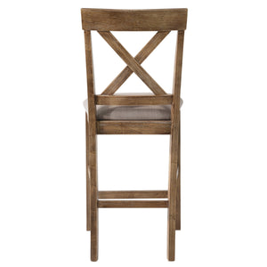 English Elm Tan Linen Counter Height Stool Set with Cross Back and Weathered Oak Legs—Durable Elegant Seating for Kitchens Beige+Brown B062P181292