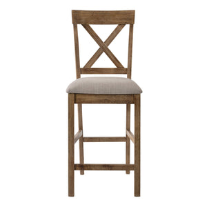 English Elm Tan Linen Counter Height Stool Set with Cross Back and Weathered Oak Legs—Durable Elegant Seating for Kitchens Beige+Brown B062P181292