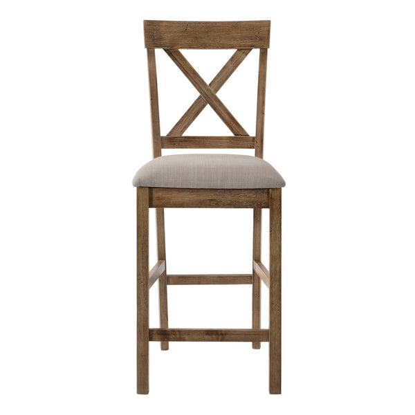English Elm Tan Linen Counter Height Stool Set with Cross Back and Weathered Oak Legs—Durable Elegant Seating for Kitchens Beige+Brown B062P181292
