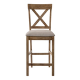 Counter Height Stools Set of 2, Tan Linen Upholstery, Cross Back Design