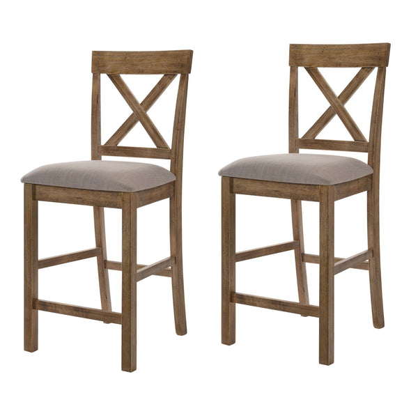 English Elm Tan Linen Counter Height Stool Set with Cross Back and Weathered Oak Legs—Durable Elegant Seating for Kitchens Beige+Brown B062P181292