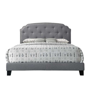 English Elm Grey Upholstered Queen Bed with Arched Headboard, Nailhead Trim, Soft Grey Fabric for Elegant Bedrooms B062P181281