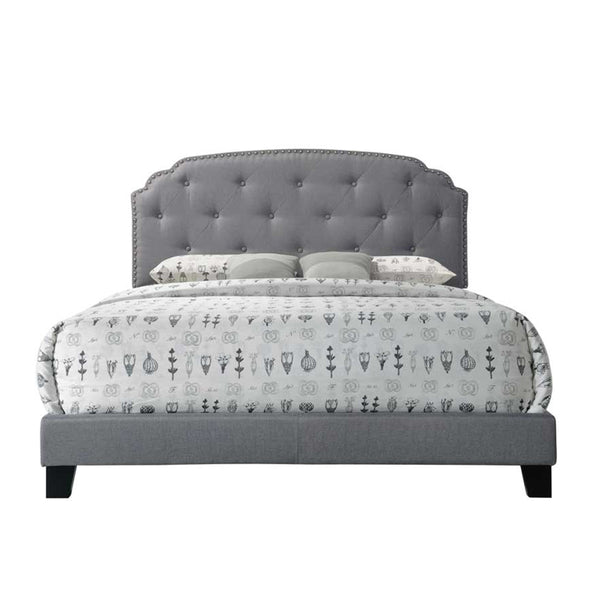 English Elm Grey Upholstered Queen Bed with Arched Headboard, Nailhead Trim, Soft Grey Fabric for Elegant Bedrooms B062P181281