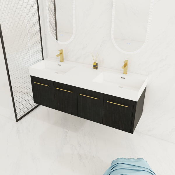 English Elm 60 Inch Wall-Mounted Bathroom Vanity With Double Resin Sink, Soft-Close Hinges, Eco-Friendly Design W999S00161