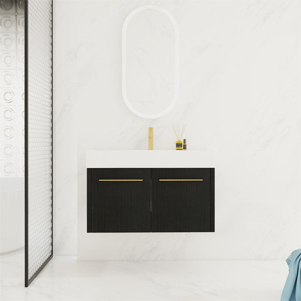 English Elm 36 Inch Wall-Mounted Bathroom Vanity With Soft-Close Doors, Thick Resin Sink, Easy Installation W999S00159