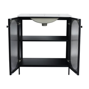 English Elm 30 Inch Freestanding Bathroom Vanity With Durable Ceramic Sink & Customizable Storage Solutions W999S00163