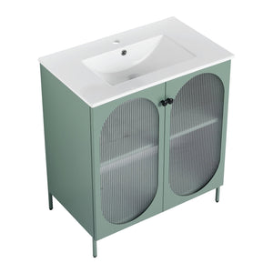 English Elm 30 Inch Freestanding Bathroom Vanity With Stylish Ceramic Sink, Adjustable Storage, And Modern Finish W999S00162