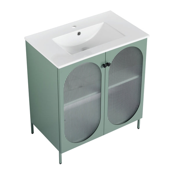 English Elm 30 Inch Freestanding Bathroom Vanity With Stylish Ceramic Sink, Adjustable Storage, And Modern Finish W999S00162